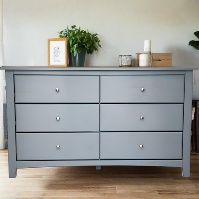 Solid Wood Six Drawer Dresser Grey