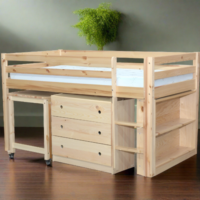 Junior Twin Low Loft Bed with Desk, Chest and Bookcase Natural