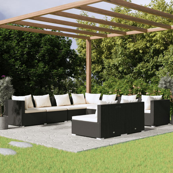 vidaXL 9 Piece Patio Lounge Set with Cushions Black Poly Rattan-0