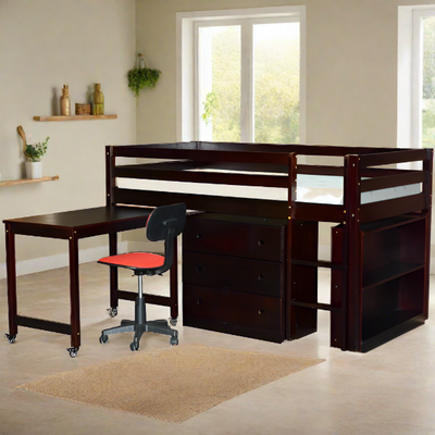 Junior Twin Low Loft Bed with Desk, Chest and Bookcase Espresso