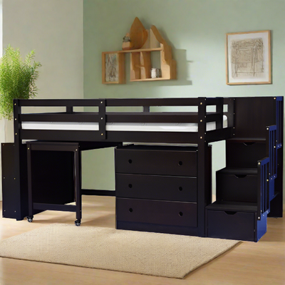 Junior Stairway Mid Loft Bed with Desk, Chest and Bookcase Espresso