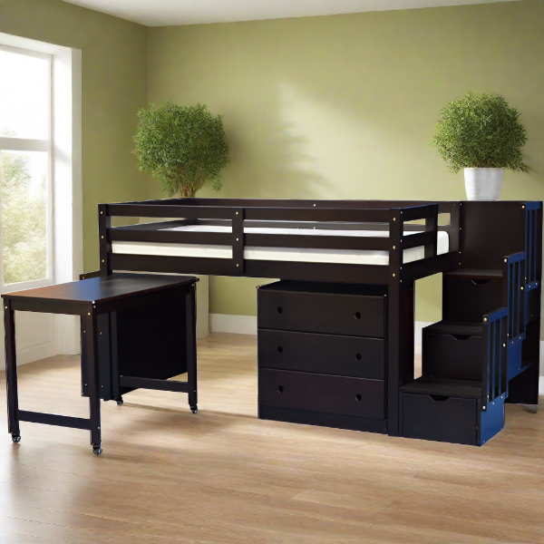 Loft Bed with Desk Chest and Bookcase Espresso Staircase Mid Loft Scanica US