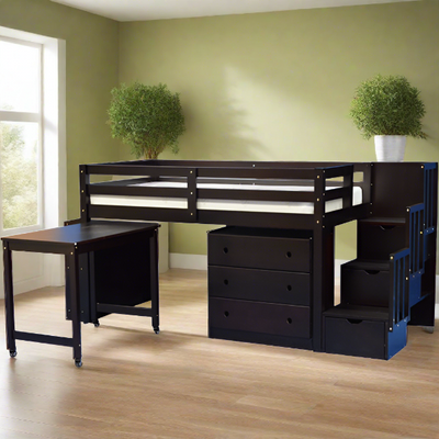 Junior Stairway Mid Loft Bed with Desk, Chest and Bookcase Espresso
