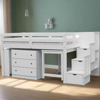 Junior Stairway Mid Loft Bed with Desk, Chest and Bookcase White