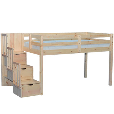 Junior Stairway Mid Loft Bed with Desk, Chest and Bookcase Natural